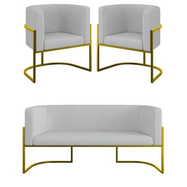 Imagem de Kit 2 Poltronas + Sofá 2 Lugares Base De Metal Gold Bouclê Cinza