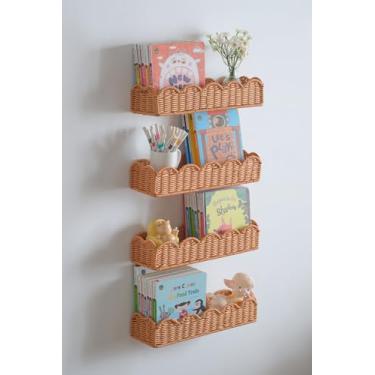 Imagem de Lavenix Conjunto de 4 prateleiras de livros de berçário, prateleira de livros recortada em vime artificial de metal e plástico, 40 cm, linda estante flutuante para quarto de crianças, decoração de