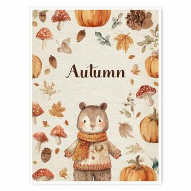 Imagem de Arte de parede de esquilo de outono – Ilustração em aquarela fofa com abóboras, cogumelos e folhas de outono para berçário, recanto de leitura ou decoração de quarto infantil sazonal 30,5 x 40,6 cm