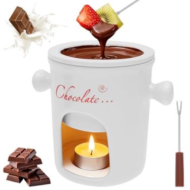 Imagem de Conjunto de 2 canecas de fondue de chocolate com garfo, copo de cerâmica para derretimento de 280 ml, mini pote de fondue fofo para manteiga de queijo de chocolate, micro-ondas e lava-louças para