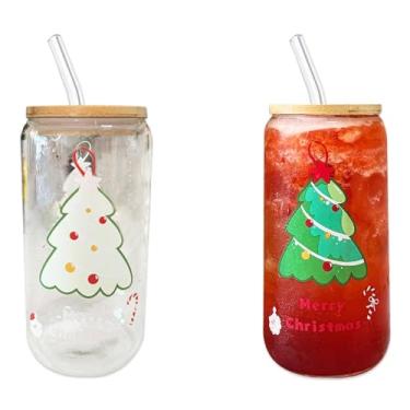 Imagem de anabox Copos de vidro que mudam de cor com tampas e canudos de bambu, copo de vidro de 473 ml para suco de chá e café gelado (Natal 2 peças)