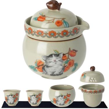 Imagem de Mini xícaras de chá, xícaras fofas de gato da sorte, canecas de chá pequenas, conjunto de chá de gongfu de porcelana com 3 em 1, conjuntos de chá para adultos, copo infusor de chá de cerâmica para