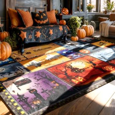 Imagem de ToMaHo Tapete com tema de desenho animado, tapete lavável ultrafino antiderrapante de 6 x 0,9 m, padrão de morcego de castelo, design geométrico de patchwork, macio e amigo da pele, adequado para