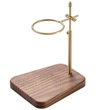 Imagem de LUMINFLY Suporte de filtro de café de madeira, ajustável com rotação de 360°, anel de latão, base de nogueira retrô, altura e ajuste horizontal, ideal para vários gotejadores de café e derramar sobre