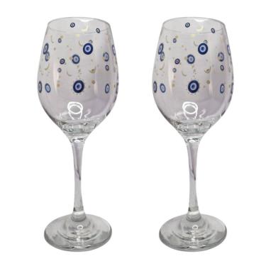 Imagem de Kit 2 Taças De Vidro Grande 490Ml Vinho Água Olho Grego