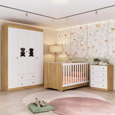 Imagem de Quarto de Bebê Completo com Berço Americano 3 em 1 Teddy Multimóveis Mp4648 Madeirado/branco