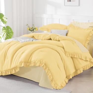 Imagem de Andency Conjunto de cama King com babados amarelos (264 x 230 cm), 3 peças (1 edredom com babados e 2 fronhas), cama de fazenda lisa, chique, vintage rústico de microfibra macia