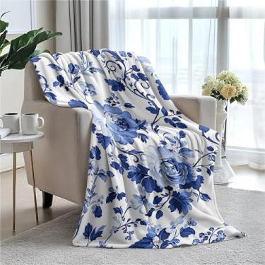 Imagem de Cobertores de lã com estampa floral de rosas azuis e brancas, cobertor de lã super macio, cobertor grande e aconchegante, cobertores de cama felpudos de microfibra para sofá, cama, sofá - 127 x 152 cm