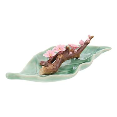 Imagem de Suporte de queimador de incenso de cerâmica: Estilo japonês artesanal suporte de queimador de incenso de flor de cerejeira em forma de folha apanhador de cinzas bandeja de inscent presente decorativo