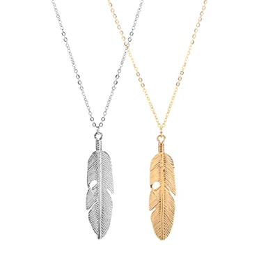 Imagem de Colar com pingente de pena em formato de folha, 2 peças, moderno, simples, dourado, com corrente para meninas, joias para presente, 1