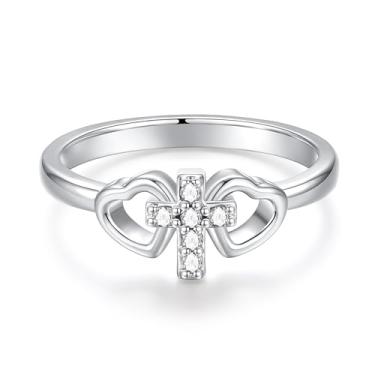 Imagem de DVAVA Anéis de coração de zircônia cúbica minúscula religiosa tamanho 1-5 anel com cruz para batismo, batizado, dedicação, presente de primeira comunhão para afilhada, Cobre, Zircônia cúbica