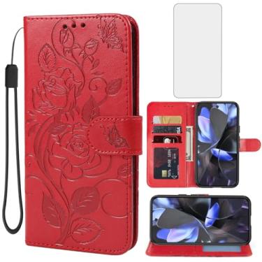 Imagem de Vavies Capa para Pixel 10, capa carteira Pixel10 Pro com protetor de tela de vidro temperado, capa de celular flip de couro floral com suporte para cartão de crédito para Google Pixel10 Pro vermelha