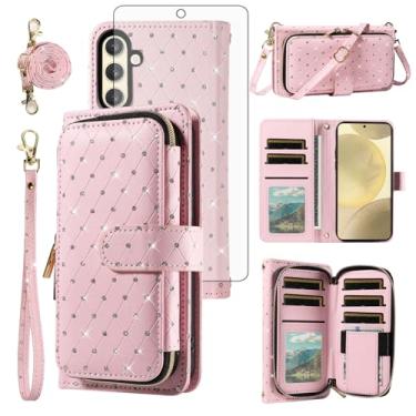 Imagem de Asuwish Capa de telefone para Samsung Galaxy A56 5G capa carteira com zíper celular com protetor de tela de vidro temperado alça transversal alça de cordão brilhante flip flip porta-cartão A 56 56A