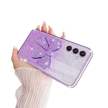 Imagem de TSAYGFK Capa compatível com Galaxy A24 4G para meninas mulheres macio cristal TPU brilhante bonito glitter 3D arco capa com cordão à prova de choque capa protetora para Samsung A24 4G, violeta