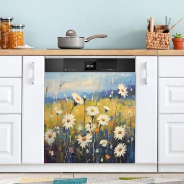 Imagem de ATTX Capa magnética de margaridas para lava-louças, 58 cm C x 66 cm A decoração da capa frontal da máquina de lavar louça, decalques para armários domésticos e eletrodomésticos #68