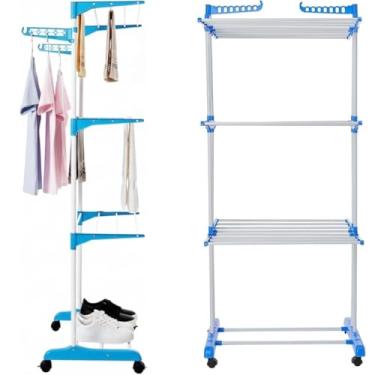 Imagem de Varal de Chão 3 Andares com Rodízios, 6 Prateleiras Reguláveis, Branco, ABS e Aço, 170x70x65cm, Capacidade 48kg, Dobrável e Portátil