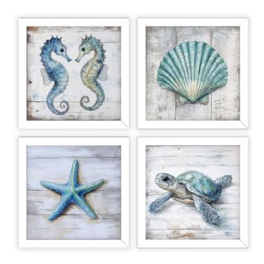 Imagem de Kit 4 quadros 18x18 cm mar praia banheiro, lavabo, tartaruga, moldura e vidro(Branco)