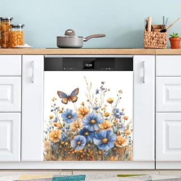 Imagem de ATTX Blue Wildflowers Capa magnética para lava-louças 58,4 cm C x 66 cm A decoração da capa da máquina de lavar louça, decalques de armário doméstico eletrodomésticos adesivos #144