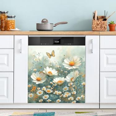 Imagem de ATTX Capa de ímã de aquarela prado margaridas para lava-louças, 58,4 cm C x 66 cm A decoração da capa da máquina de lavar louça, decalques de armário doméstico eletrodomésticos adesivos #211