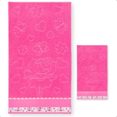 Imagem de KIt Toalha de banho e Toalha Lavabo Infantil Jaquard Com Barra Pinte e Borde (Pink Bailarina)