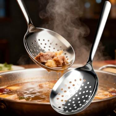 Imagem de 1 colher grande de aço inoxidável para sopa, orifício de drenagem, colher com ranhuras, alça longa, espessa, utensílios de cozinha, 19 x 7,5 cm (estilo 2)