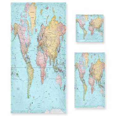 Imagem de STAYTOP Conjunto de toalhas de mapa do mundo colorido, 3 peças, toalha de secagem rápida altamente absorvente para academia, spa, banheiro
