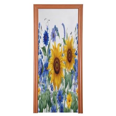 Imagem de Wassud Capa para porta, decoração de girassóis e bluebells, 96 x 98 polegadas, faixa elástica para porta interna para varanda