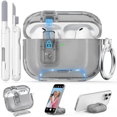 Imagem de Ensfomte Capa transparente para AirPods Pro 3 2025 com trava segura, capa transparente de TPU macio para Apple AirPods Pro 3ª geração com suporte de telefone e kit de limpeza para mulheres e homens
