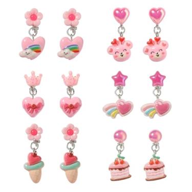 Imagem de PinkSheep Brincos de pressão para meninas, brincos rosa de princesa sem piercing com corações, coroas, bolo para crianças de 3 a 12 anos, lembrancinha de festa