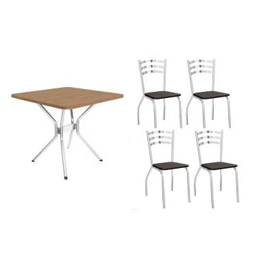 Imagem de Conjunto: Mesa Sala Jantar Loire C- Tampo De Madeira 90cm + 4 Cadeiras Portugal Cromada - Corano Preto - Kappesberg