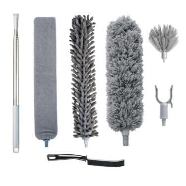 Imagem de E&A Essentials Kit de espanador de penas de microfibra 8 em 1 – Espanador de teia de aranha com haste de extensão de 250 cm, varinha extensível para tetos altos, ventiladores, persianas, móveis e