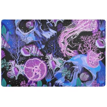 Imagem de TSENQUE Capacho personalizado com caveiras psicodélicas brilhantes à prova d'água, tapete externo absorvente para porta frontal entrada externa 81 x 50 cm