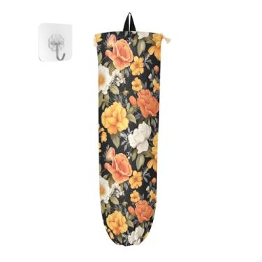 Imagem de Floral de flores amarelas e laranjas em suportes de saco plástico preto, bolsa de armazenamento de cozinha, protetor de saco para sacolas plásticas