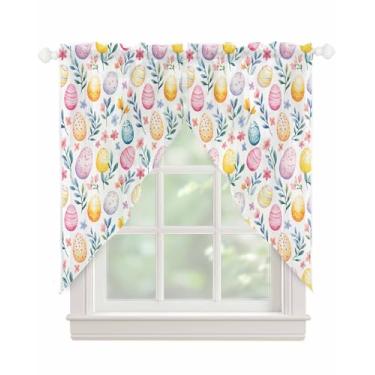 Imagem de Cortinas de saia semitransparentes para janelas de Páscoa com ovos coloridos semitransparentes, folha, flor, voile swags cortina de topo de mola para cozinha, sala de estar, quarto, 2 painéis, 91 x