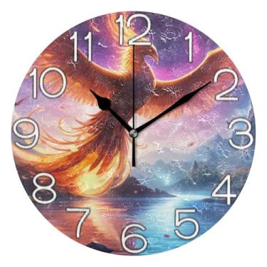 Imagem de GAIGEO Relógio de parede analógico decorativo redondo sem tique-taque silencioso escritório relógio de cozinha, arte de parede moderna legal decoração de casa pássaro vermelho legal rio fogo, 25 cm