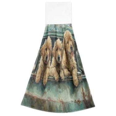 Imagem de Toalhas de mão de primavera com laços para pendurar, filhotes de cachorro de desenho animado, conjunto de 2 toalhas de banheiro ultra absorventes, 46 x 35 cm