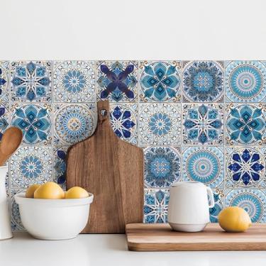 Imagem de meihea 16 peças de adesivos de azulejo de 15 x 15 cm, decalques mexicanos Talavera Backsplash para escadas de cozinha, decoração boho marroquina de vinil impermeável, removível DIY para móveis de