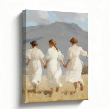 Imagem de Pintura a óleo de arte de parede em tela, mulheres de mãos dadas em paisagem de campo aberto, decoração de parede romântica vintage para sala de estar, quarto, decoração de casa, 20 x 25 cm