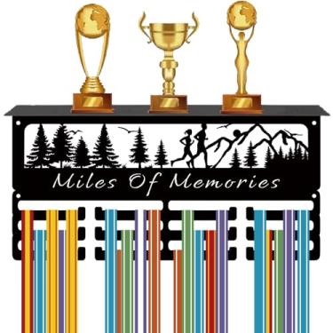 Imagem de CREATCABIN Medalha de corrida Miles of Memories Cabide de medalha com prateleira de troféu, 3 fileiras, 12 ganchos, suporte de prêmio de corrida de metal, suporte de fita para pendurar mais de 60