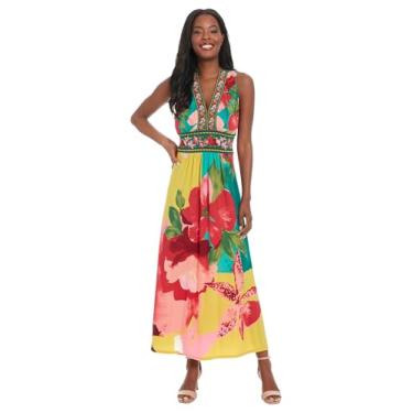 Imagem de London Times Vestido maxi feminino floral vibrante gola V sem mangas evasê para convidados de casamento e férias de verão, azul-petróleo/vermelho, 42