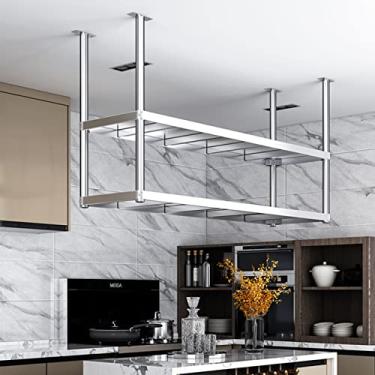 Imagem de Prateleira suspensa de cozinha, prateleiras de armazenamento europeias com moldura de teto de 2 níveis, suporte de utensílios para micro-ondas, forno, panelas, organizador de utensílios, prateleira de