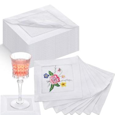 Imagem de Roshtia 20 peças de guardanapos de coquetel de linho branco para bordado, 15 x 15 cm branco em branco faça você mesmo, guardanapos de coquetel para casamento, bebida, festa, Natal, Ação de Graças