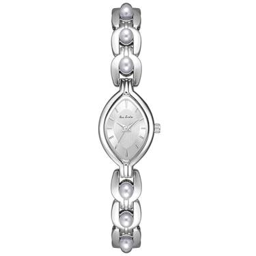 Imagem de Relógio feminino elegante com pulseira de pérolas, mostrador oval, movimento de quartzo, ouro/prata, impermeável, casual, relógio de pulso feminino, Prata, Casual
