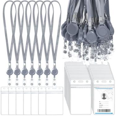 Imagem de Marspark Conjunto de 50 conjuntos de cordões com porta-identidade, inclui cordão plano com carretel retrátil para crachá e nome de cartão vertical transparente e suporte de crachá para carteira de