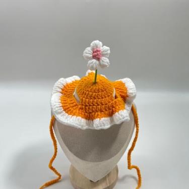Imagem de Chapéu de gato de crochê de flor laranja fofo traje de cabeça para gatinho pequeno gorro de malha decoração de roupas