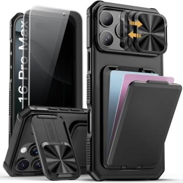Imagem de SSLOTSCASE Capa para iPhone 16 Pro Max com 2 protetores de tela de privacidade, porta-cartões, capa de lente deslizante e suporte, capa de telefone resistente de grau militar para iPhone 16 Pro Max de