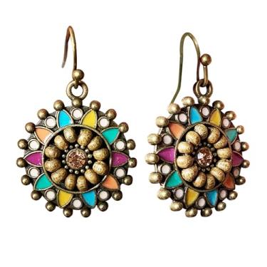 Imagem de Zszkoz Brincos femininos boêmios de flores redondas feitas à mão, antigos, étnicos, geométricos, girassóis espirais, brincos vintage martelados, joias presentes, Small, Metal, Sem pedra preciosa