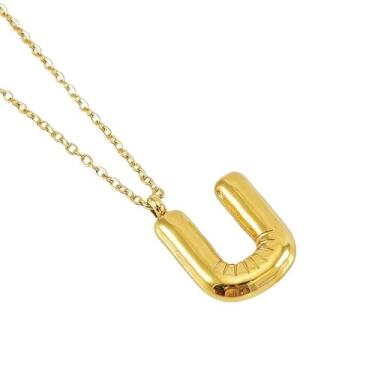 Imagem de Colar de Letra Bolha Personalizado para Mulheres, Colar Inicial Banhado a Ouro 18K com Corrente Cruzada em Aço Inoxidável, 45 cm, 26 Letras, Jóia de Moda e Presente Estiloso (dourado,U)