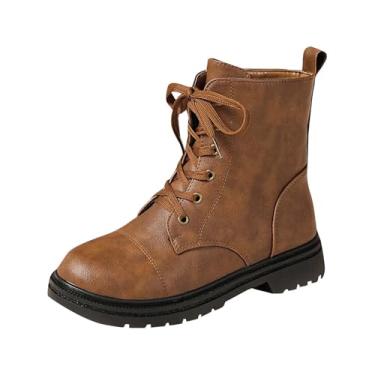 Imagem de Botas curtas casuais femininas de inverno bico redondo frontal com cadarço salto baixo cano baixo calçado moderno, Marrom, 35