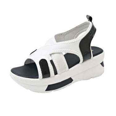 Imagem de Sandália feminina de praia color block cabeça de peixe bico aberto um degrau sola de cunha grossa para casual primavera verão, Branco, 36